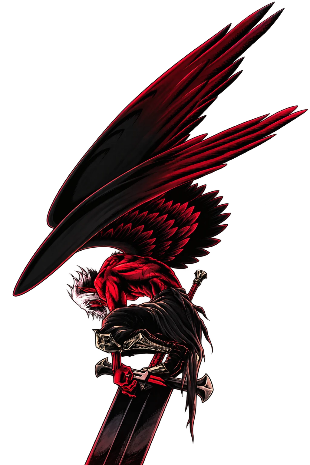 Fara, a winged red demon perched on a giant sword